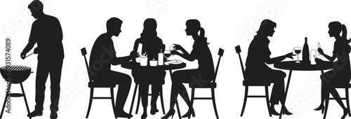 Silhouette of people enjoying outdoor dining, man grilling food, friends eating at restaurant tables, social gathering, summer party, evening dinner, isolated background.