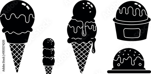 Flat design vector ice cream cone and scoops set with dripping topping close up isolated icons monochrome waffle texture minimal