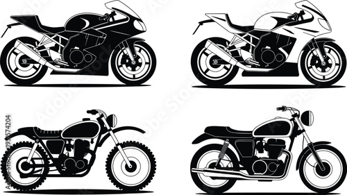 Black and white silhouette set of modern sport motorbikes, classic cafe racer motorcycles, and off-road dirt bikes, cad drawing flat vector illustration.
