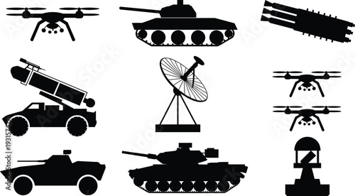 Black silhouette set of military vehicles, tanks, armored trucks, missile launchers, drones, satellite dish, and defense equipment, cad drawing flat vector illustration.