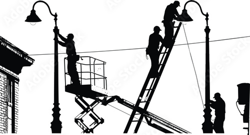 Street light repair silhouette with electricians on ladder, cherry picker lift, maintenance workers fixing lamp post, electrical service, urban lighting infrastructure project.