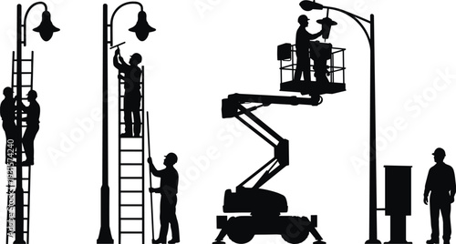 Street light repair silhouette set with electrician on ladder, cherry picker lift, maintenance workers fixing lamp post, electrical service, city lighting infrastructure.