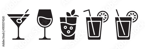 Summer refreshment beverage icons including tropical cocktails and wine glass silhouettes for graphic designs