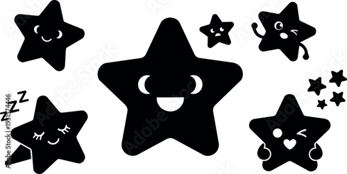 Cute kawaii star characters set with varied expressions winking smiling sleeping hugging for childrens stationery and stickers labels icons prints