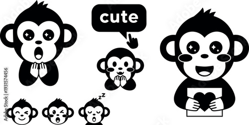 Cute vector monkey icon set with multiple expressions holding heart speech bubble saying cute flat design black silhouette friendly cartoon