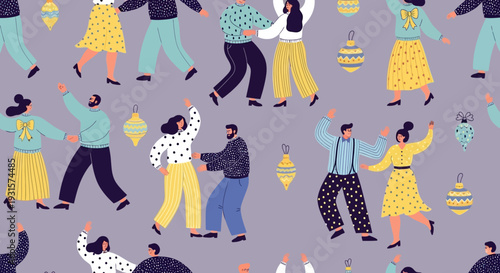 Joyful Festive Dance Pattern: Seamless Holiday Celebration with Diverse People and Christmas Ornaments