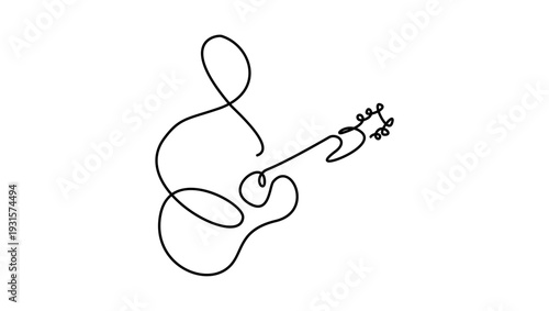 Line drawing of a guitarist, black isolated silhouette