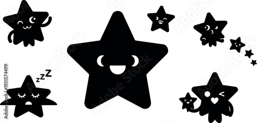 Flat design kawaii star icon set smiling sleeping winking and flying characters on white background playful vector sticker sheet collection