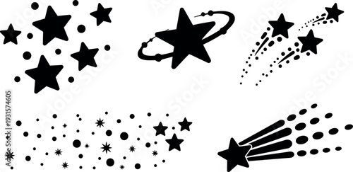 Flat vector set of shooting stars sparkles and comet icons in silhouette style for decorative design projects print web branding
