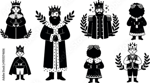 Flat design medieval royal family characters in simple black vector silhouettes wearing crowns laurel accents close up view front portrait