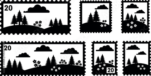 Minimal flat stamp vector set showing silhouetted pine trees rolling hills flowers clouds postal perforation close up variations landscape scenes