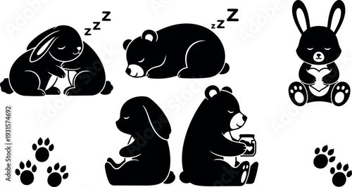 Minimal silhouette close up of sleeping bunny and bear cuddling and holding heart and jar with paw prints calm composition