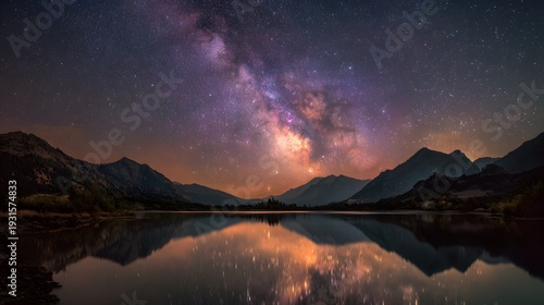 Breathtaking astrophotography reveals a brilliant milky way galaxy and millions of stars perfectly reflected in a calm dark mountain lake.