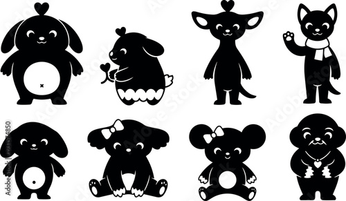 Flat design kawaii animal silhouette icon set eight cute characters sitting waving holding flower black and white minimal playful