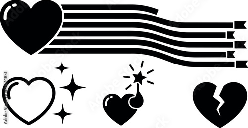 Flat design heart icon set with striped banner broken heart sparkles and magic wand element in simple black silhouette vector