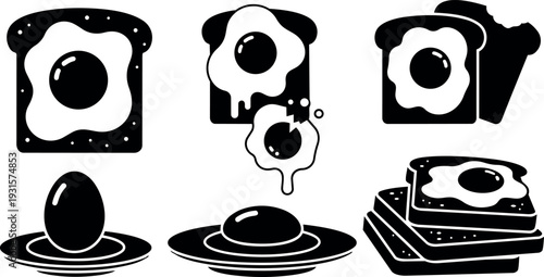 Stencil silhouette vector icons of fried egg and toast set showing dripping yolk stacked toast and whole egg on plate