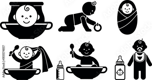 Flat design black baby icon set showing swaddled infant crawling feeding bottle spoon smiling simple pictogram vector elements minimalist silhouette