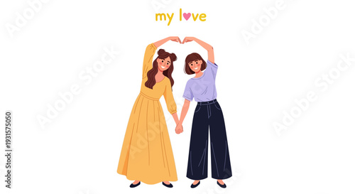 Joyful Young Women Forming Heart with Hands, Holding Hands, Symbolizing Love and Friendship. Flat Vector Illustration.