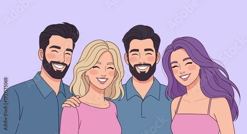 Cheerful Diverse Group of Young Adult Friends Smiling - Modern Cartoon Illustration of Happy Men and Women Together on Purple Background