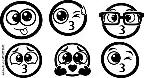 Flat design cartoon kissing emoji faces set six expressive round icons winking blushing wearing glasses and playful smiling tongue out