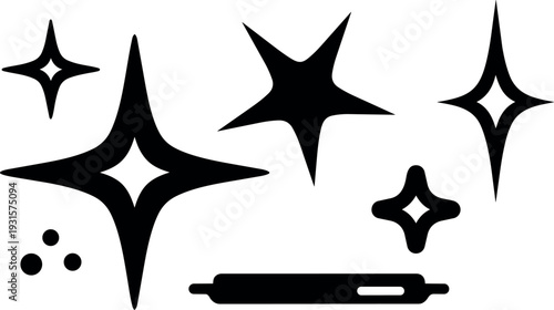 Flat design silhouette rolling pin with shining sparkle stars above clean kitchen counter close up minimalist baking icon black vector