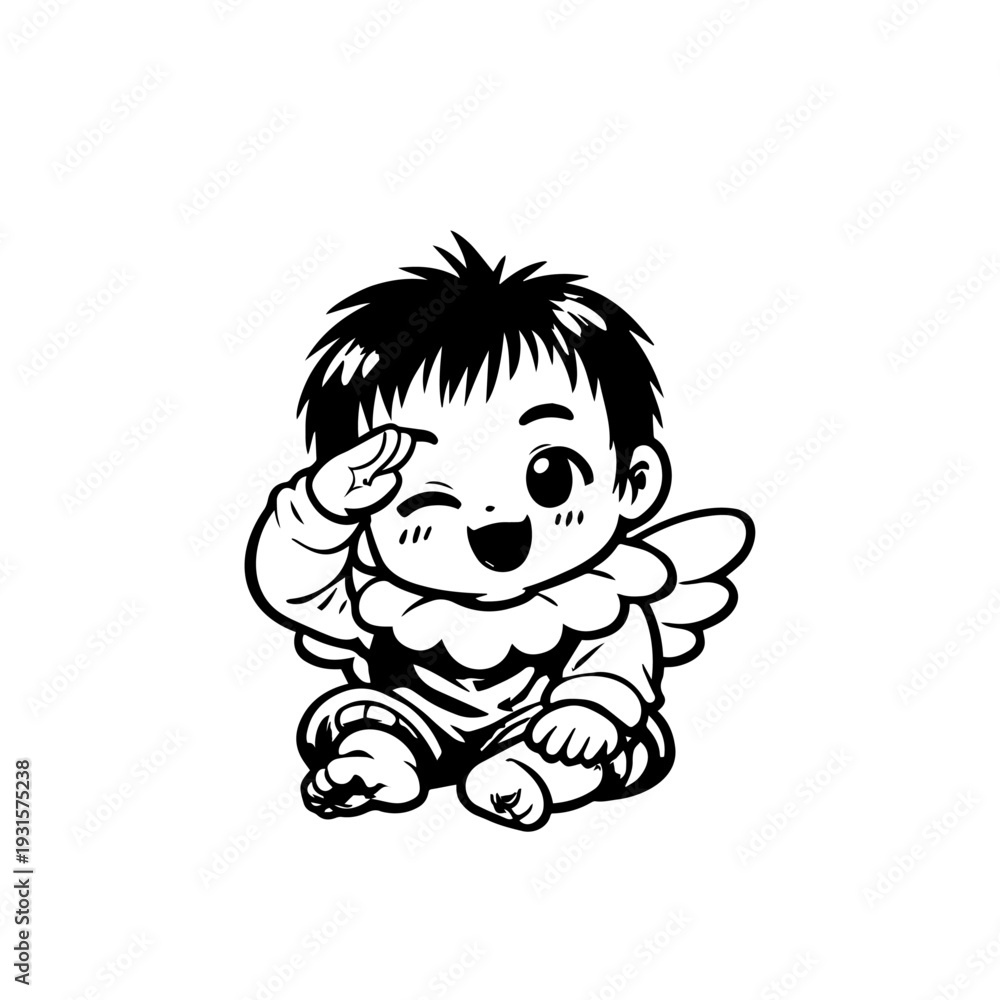 Obraz premium Cute Baby Angel Winking and Saluting – Adorable Chibi Character Illustration