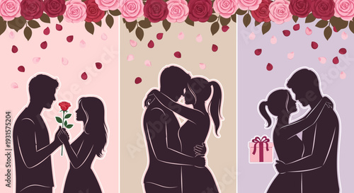 Romantic Couple Silhouettes: A Journey of Love, Affection, and Romance with Roses and Falling Petals