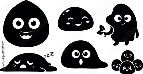 Flat design cute blob character set with expressive faces playful kawaii slimes in various poses smiling and sleeping holding leaf