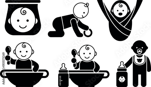 Flat design baby icon set showing crawling swaddled spoon feeding bowl feeding bottle standing figures with simple smiling faces and high contrast