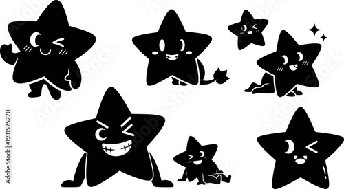 Flat kawaii star characters winking and smiling in various poses playful vector icons for stickers cards and children branding design