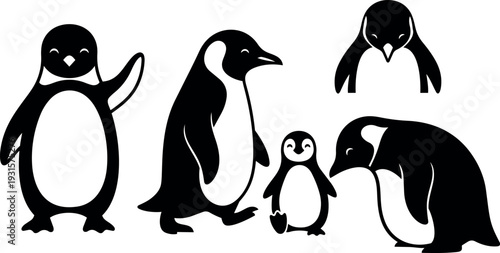 Minimalist vector art penguin family in playful poses side view waving chick and adult characters silhouette simple black and white