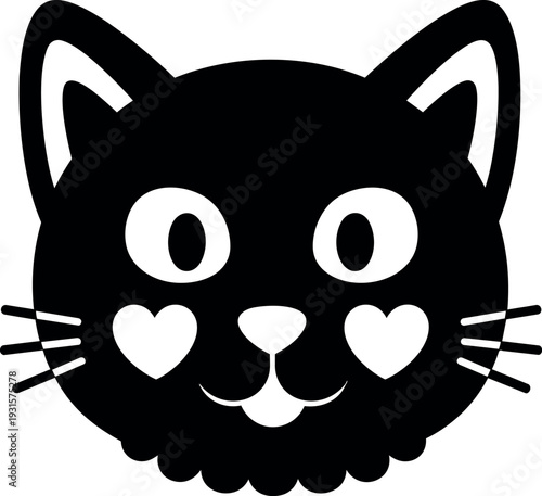 Flat design close up black cat face with heart cheeks looking at viewer symmetrical whiskers playful expression cute vector art