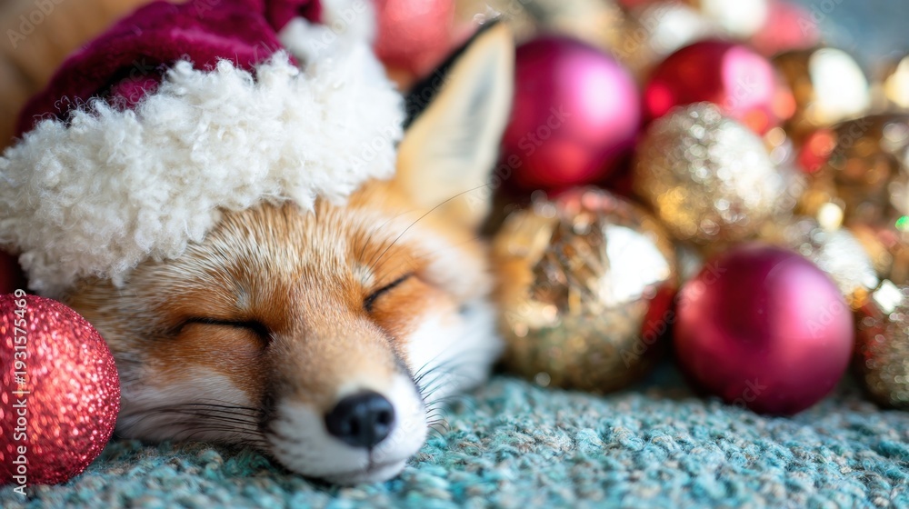 Fototapeta premium Sleeping fox with Christmas decorations on a soft surface