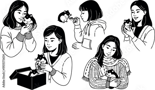 Line art vector close up of young woman holding hamster looking at camera in cozy knit sweater indoor nurturing scene