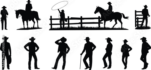 Western cowboy silhouette set with horse riding and ranch poses, country rodeo vector illustration isolated on white background
