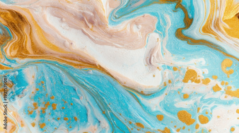 Fototapeta premium Swirls of blue, pink, and gold colors mix together in a vibrant design