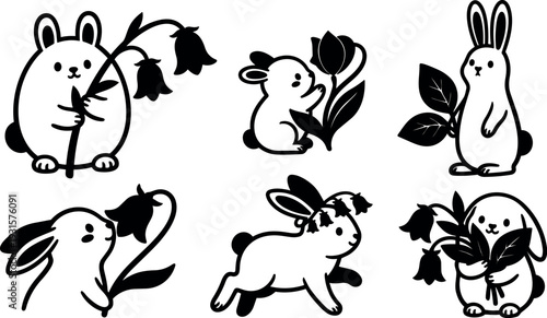 Line art close up set of six cute bunnies holding flowers various poses side view playful botanical vector icons collection