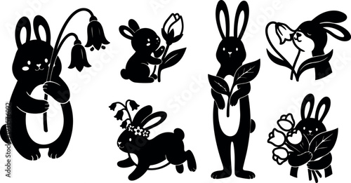 Flat silhouette vector set of six playful rabbits holding flowers and leaves in varied poses close up charming spring ink
