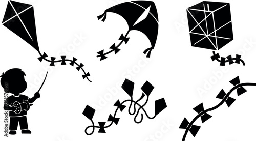 Flat design silhouette boy flying diamond kite multiple kite silhouettes aerial tails looping playful outdoor clear sky mood vector black