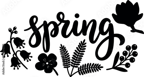 Hand lettering spring word with floral silhouettes flat vector art decorative composition showing wildflower sprigs and berries landscape orientation black