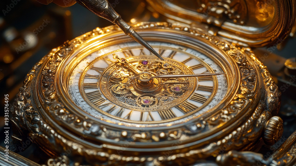 Obraz premium A skilled watchmaker meticulously repairs an antique, ornate gold pocket watch, showcasing its intricate details