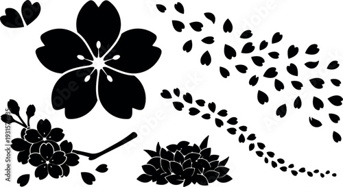 Sakura silhouette vector falling petals branch close up single flower cluster pile of petals black and white minimal flat icon