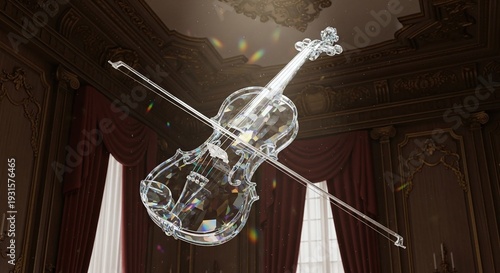 Elegant crystal violin floats in a luxurious room with red curtains and dramatic lighting.