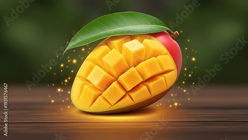 Ripe Mango Fruit with Leaf on Wood.