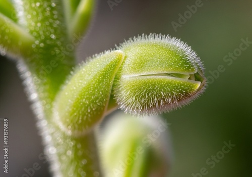 Close up macro view of a fuzzy green plant bud opening with delicate hairs and selective focus on natural growth formation Realistic 4k