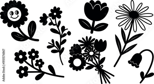 Silhouette vector floral assortment close up smiling daisy and tulip bouquet with stems leaves and isolated black icons playful cheerful