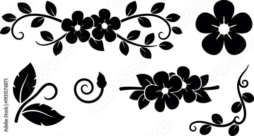 Flat design black floral vector set close up flower and leaf ornaments with corner and horizontal decorative silhouette elegant motifs