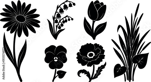 Flat silhouette botanical set showing daisy tulip poppy pansy lily bells and grass close up vector composition in spring minimal