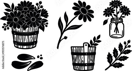 Flat silhouette vector composition of daisies in a wooden bucket and mason jar with loose petals close up botanical arrangement