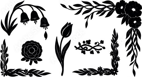 Silhouette vector corner floral ornaments set with tulip bellflower rosette frames decorative botanical elements black isolated flat vintage elegant ornate